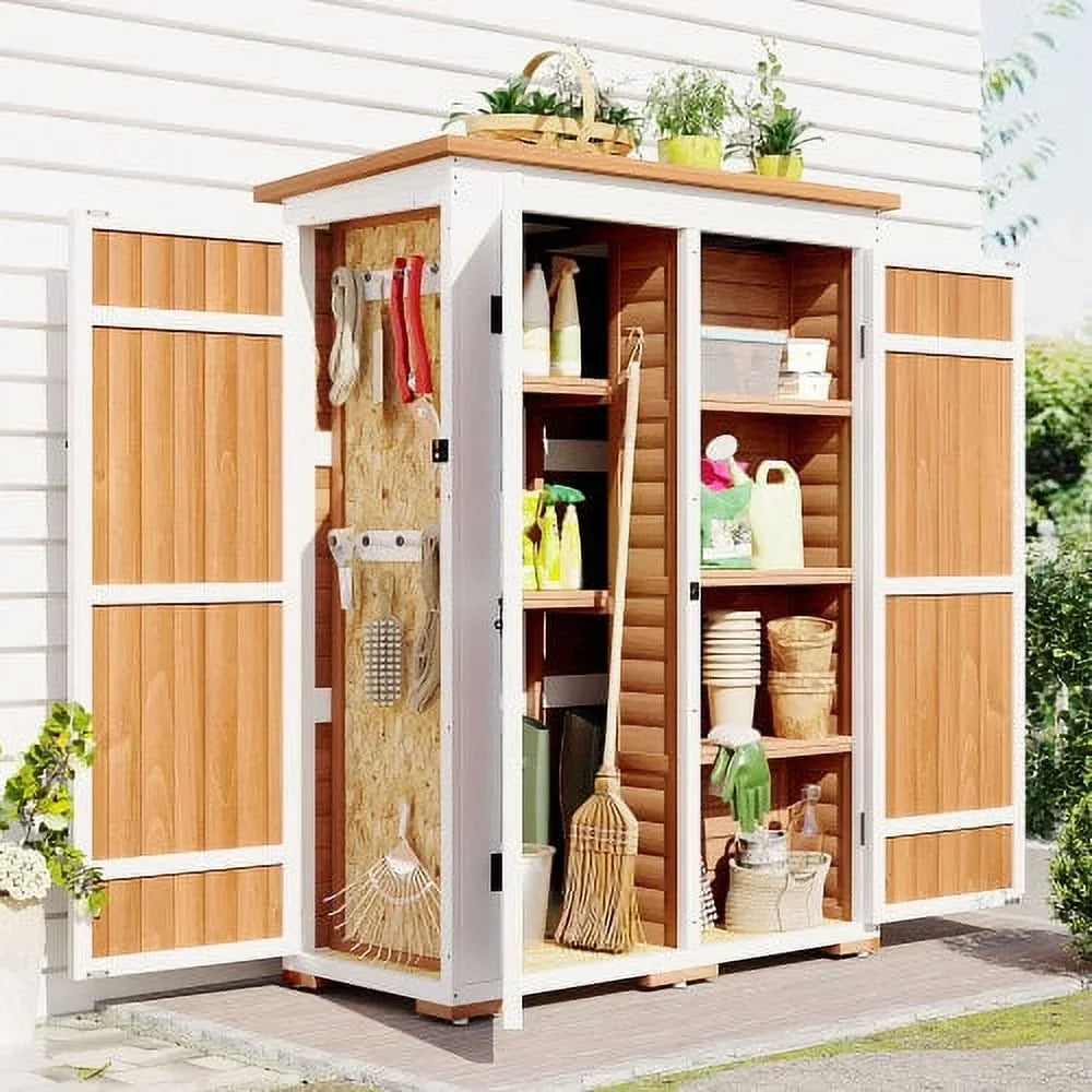 Garden Asphalt Roof, Storage Shelves, Multiple-tier L Waterproof Outdoor Natural 5.5ft Shed, Wood Cabinet Lockable Four with Tool Doors, Hx4.1ft