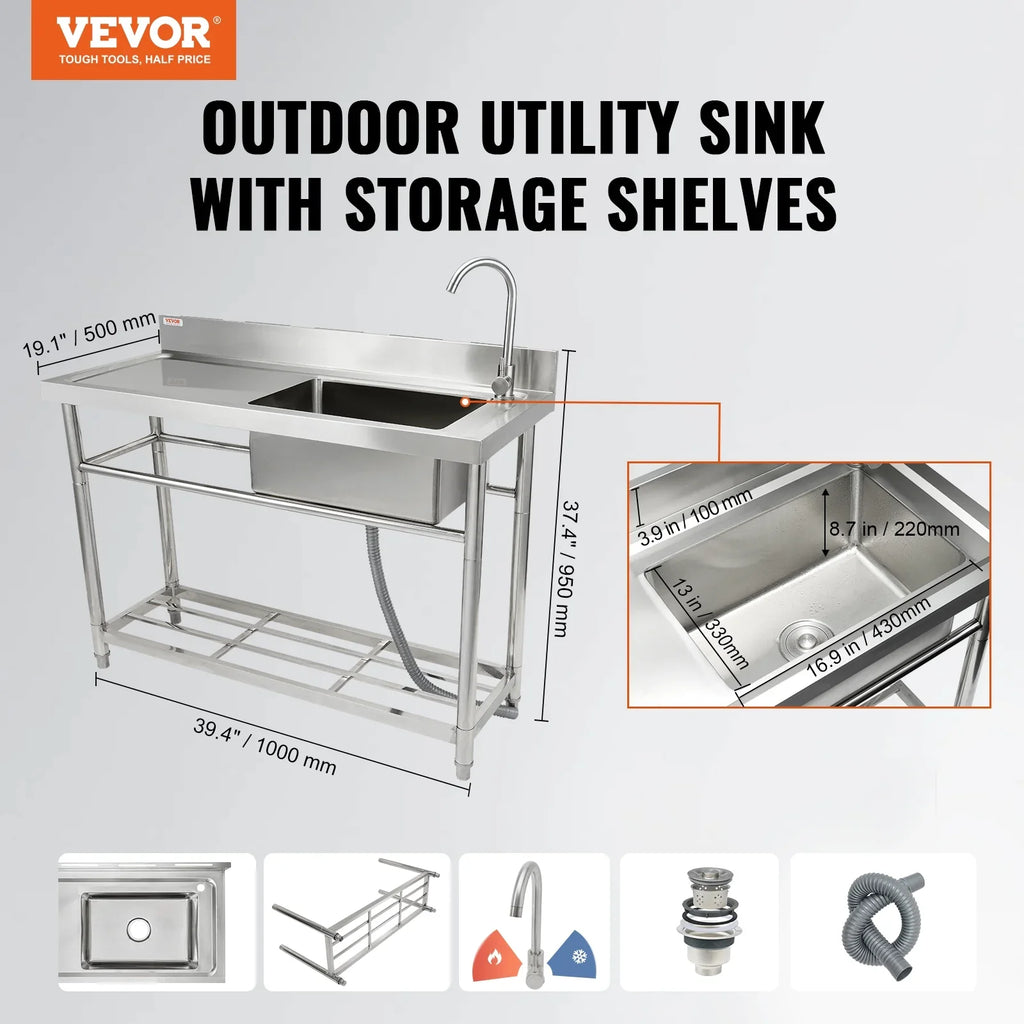 Sink x w/Workbench 39.4 x 19.1 Bowl Utility BENTISM 37.4 Single Prep & in Commercial