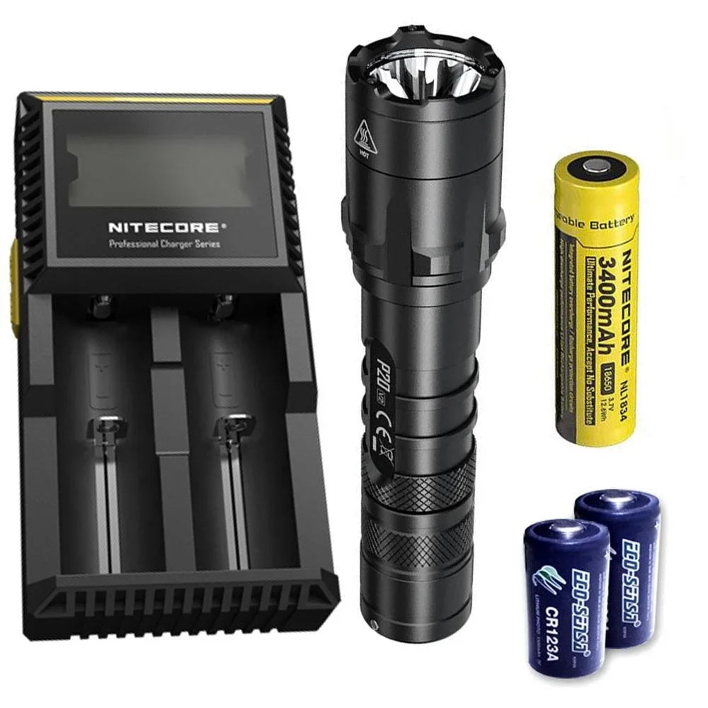 Combo: Eco-Sensa CR123A Free Nitecore V6 Lumens Batteries CREE - - Battery, 1100 Tactical Charger D2 V2 w/NL189 +2x Flashlight LED XP-L2 P20