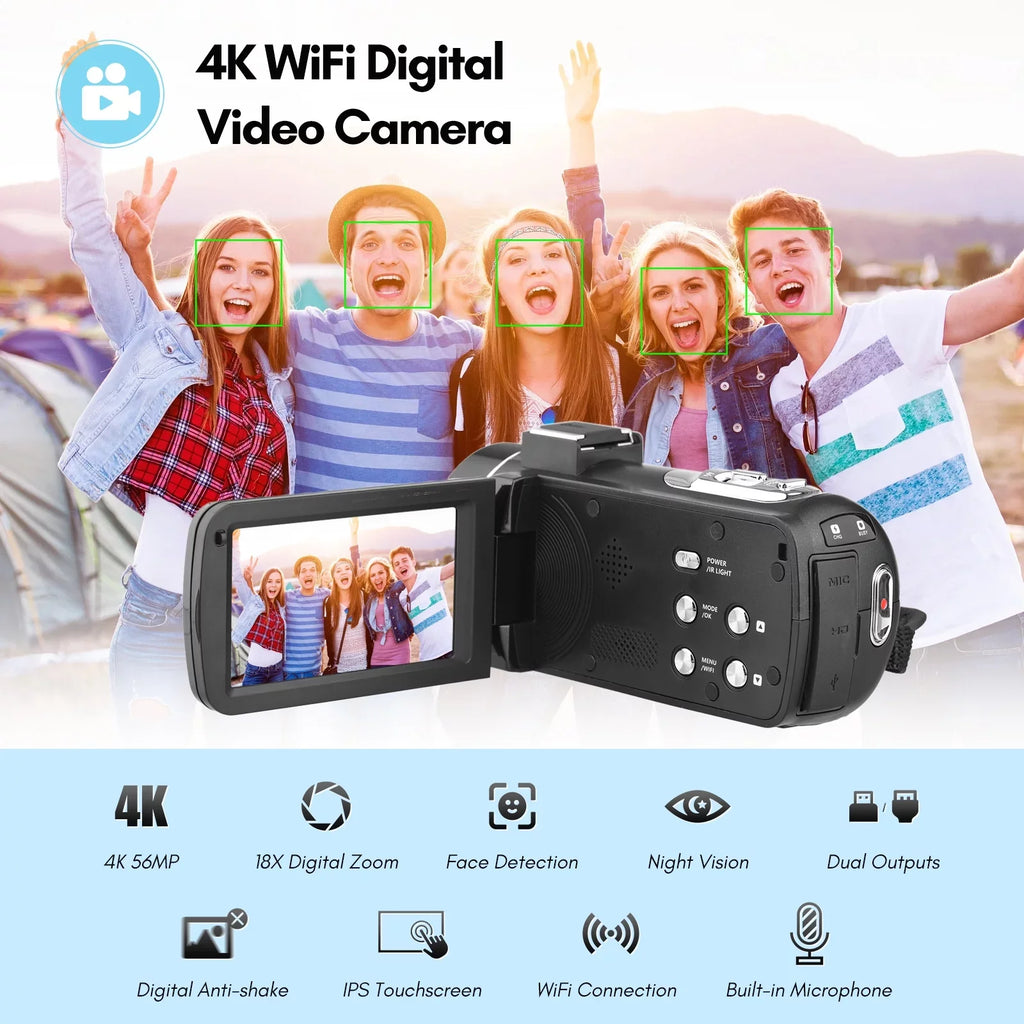 Digital Face Inch WiFi Supports IPS Camcorder Touchscreen Control Detection with Night Video 2pcs 18X 56MP + Bag + -shake IR DV Andoer Batteries Zoom Digital 3.0 Recorder Carry Remote 4K Vision