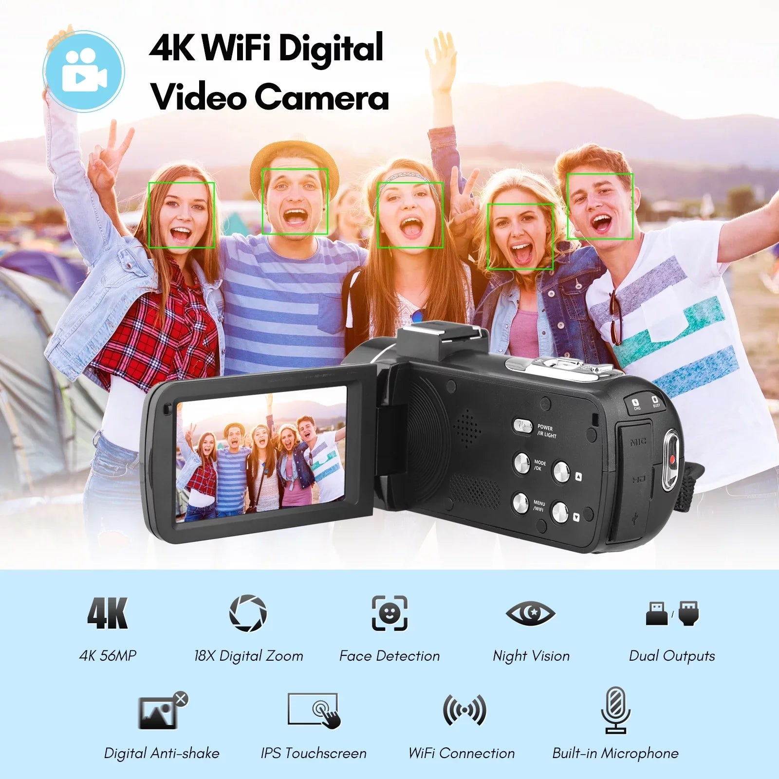 Digital Face Inch WiFi Supports IPS Camcorder Touchscreen Control Detection with Night Video 2pcs 18X 56MP + Bag + -shake IR DV Andoer Batteries Zoom Digital 3.0 Recorder Carry Remote 4K Vision