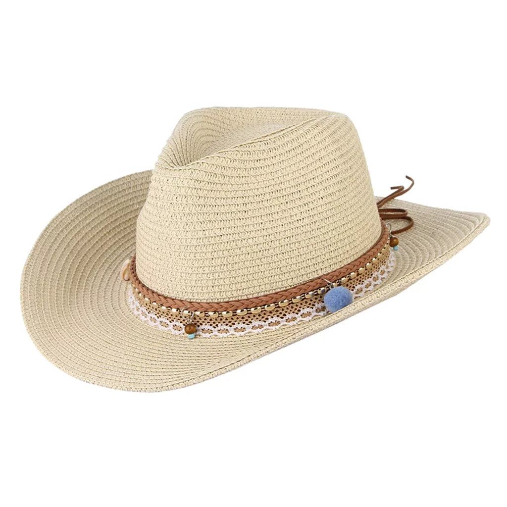Cowboy Straw Packable Trilby Big Sun Brim Style Floppy Western Hat Women Beige