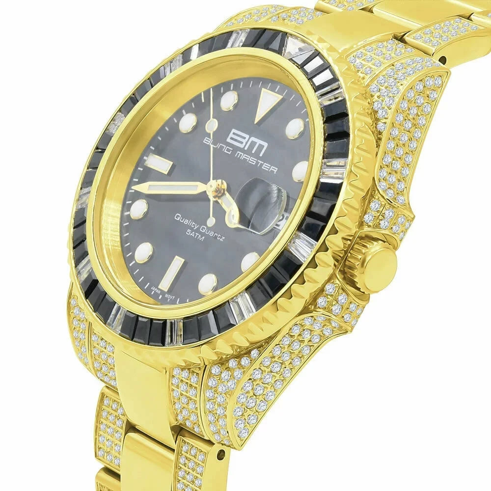 40mm Solid Yellow Presidential Gold Diamond Stainless Watch Steel 18k Simulated Mens