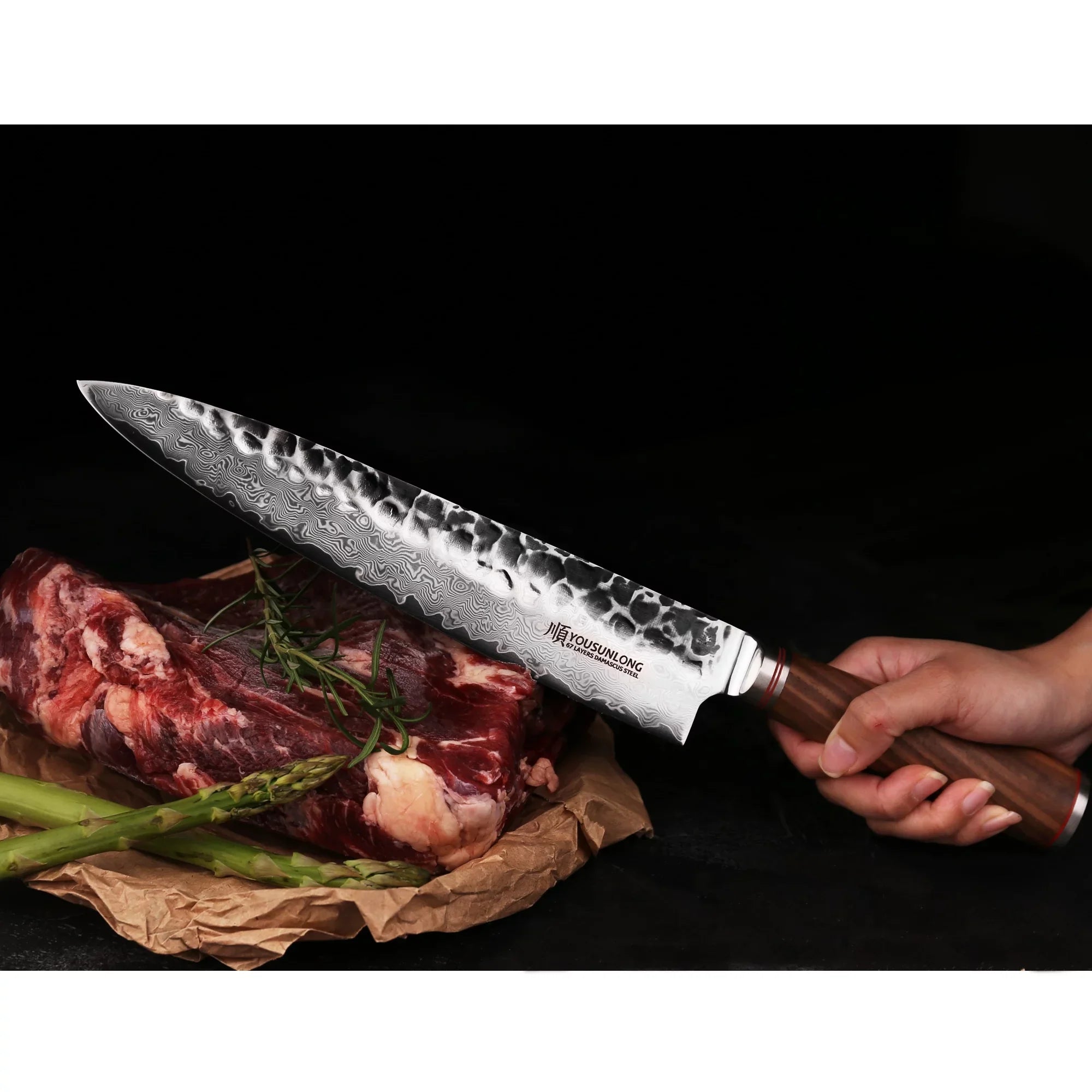 Knife Leather Natural Sheath Pro Wooden Gyuto YOUSUNLONG Damascus 12 Steel with Walnut inch Handle Chef - Japanese Hammered