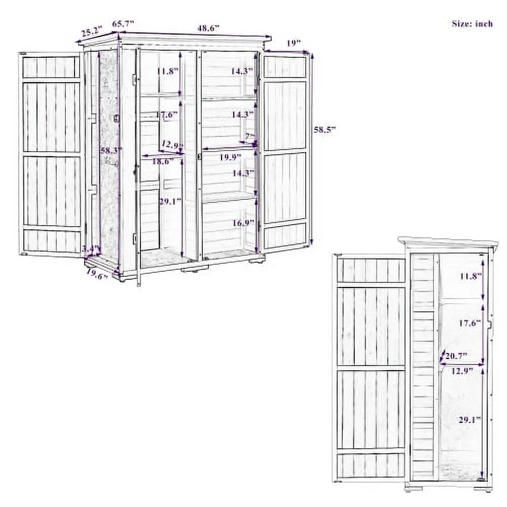Garden Asphalt Roof, Storage Shelves, Multiple-tier L Waterproof Outdoor Natural 5.5ft Shed, Wood Cabinet Lockable Four with Tool Doors, Hx4.1ft