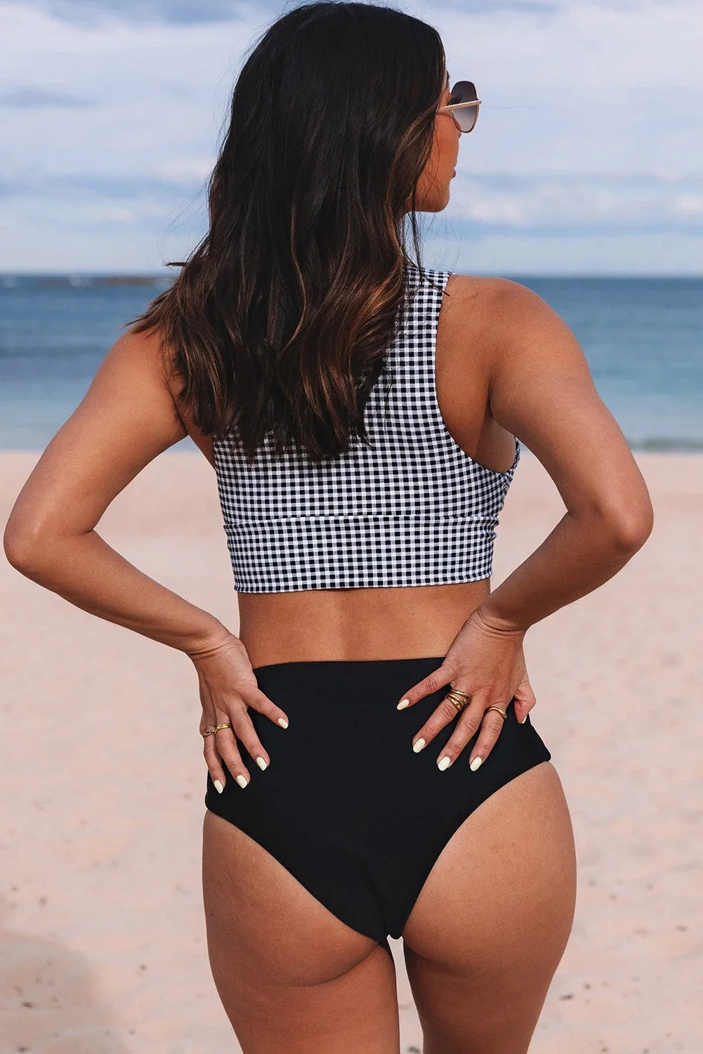 Bikini Tie Front Gingham Waist High Swimsuit