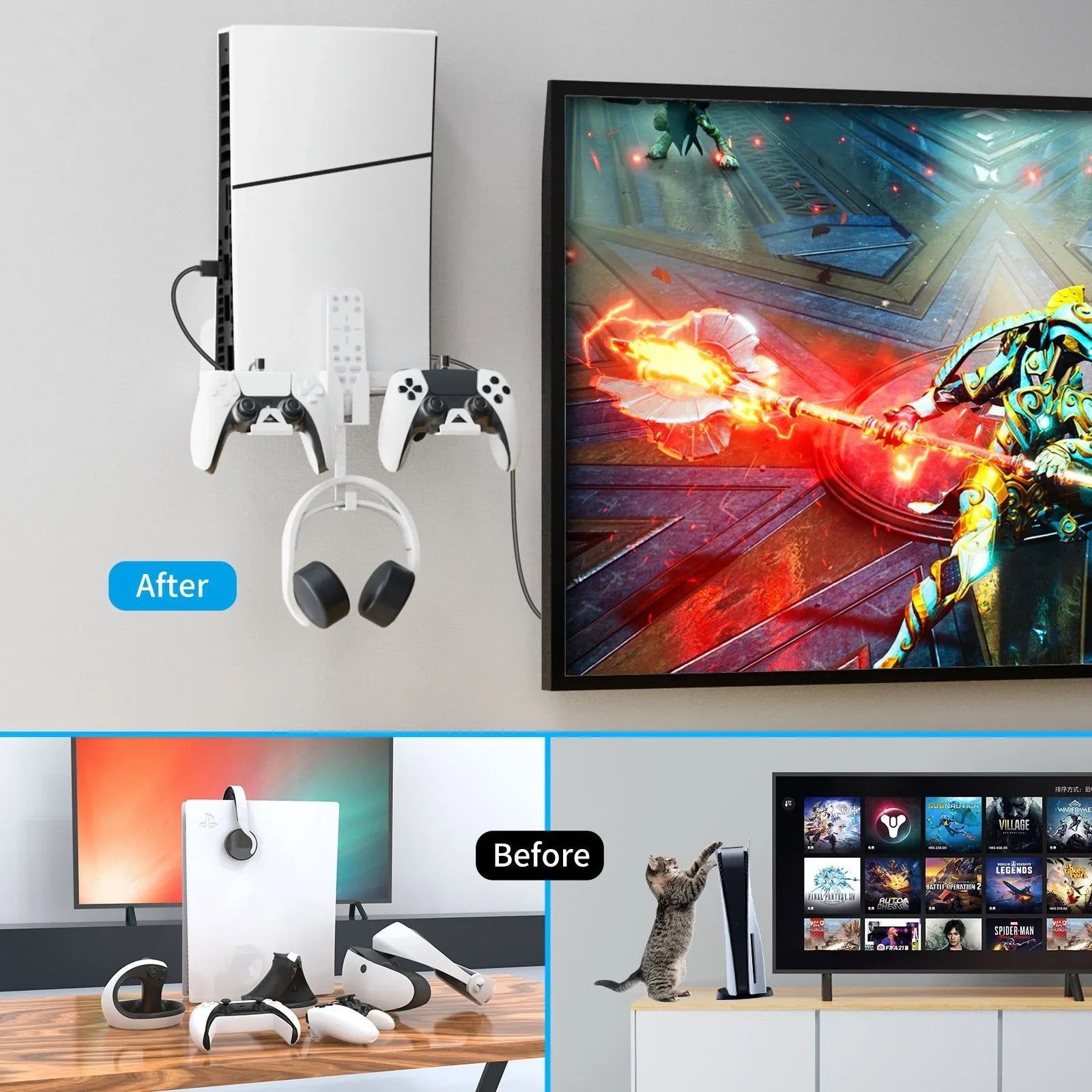 Space-Saving, Convenient Storage Iron Charging PS5 Cable Slim Set and Dual Bracket Wall Secure, with Mount Durable for