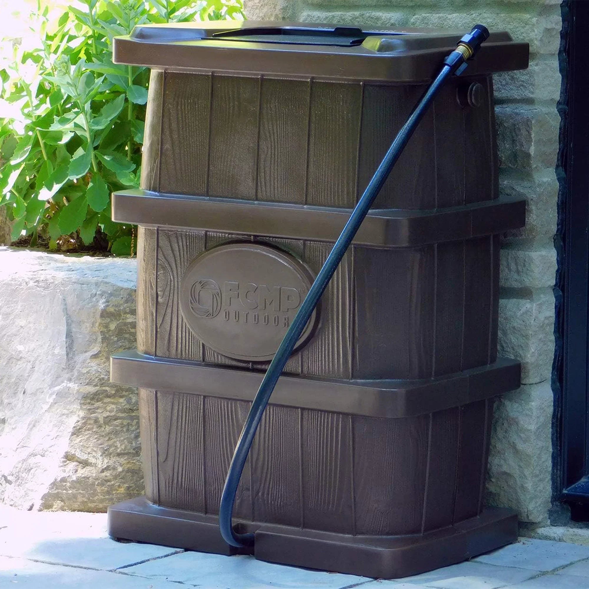 FCMP WG4000 Water 45 Brown Barrel, Outdoor Grain Catcher Rain Gallon Wood