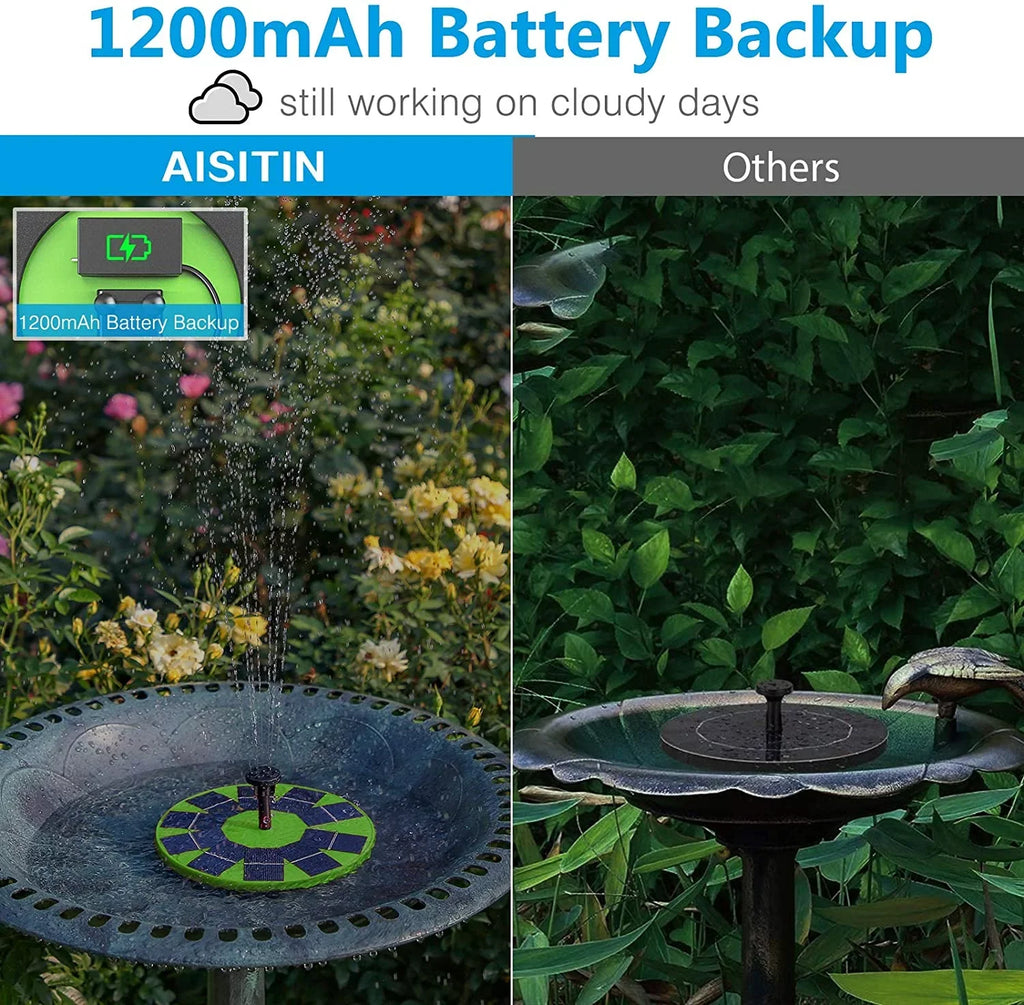 Solar or Water (Green) Nozzles, with Built-in Pond Fish Solar Pump AISITIN Decoration 1200mAh Solar Fountain Pump, Garden for Aerator Bird Floating Fountain Pump Bath, Battery, 6 3W Tank,