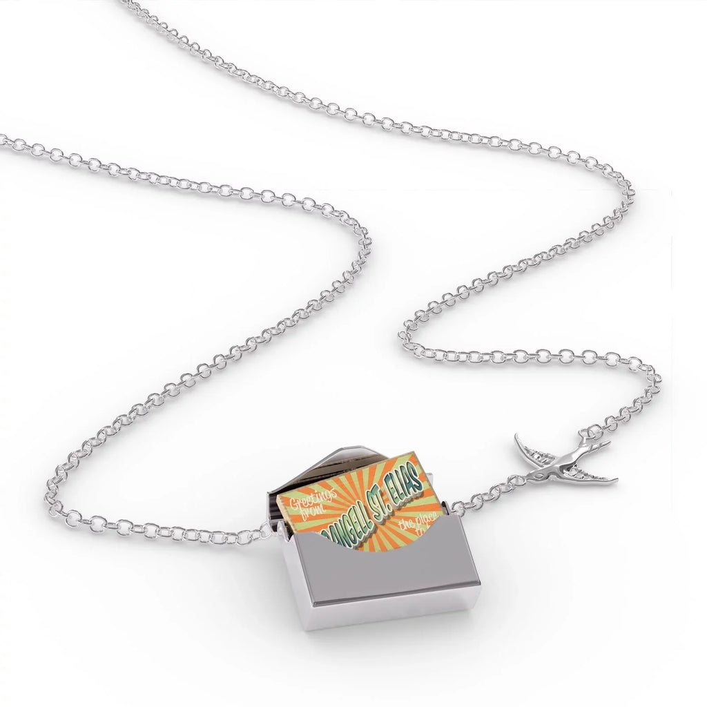 silver Neonblond Envelope in from Wrangell?St.?Elias, Postcard Locket Necklace Vintage Greetings a