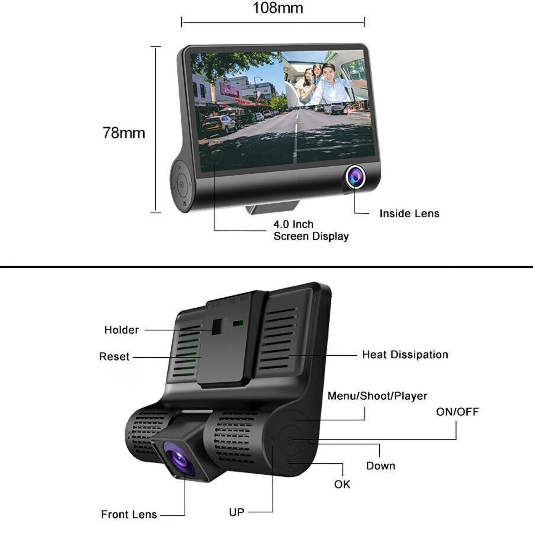 and Lens Detection Front/Rear/Built-In Dual Camera Driving Cam 4" Motion Dash DVR HD G-Sensor, 1080P Car Monitoring TASHHAR Video Parking Recorder
