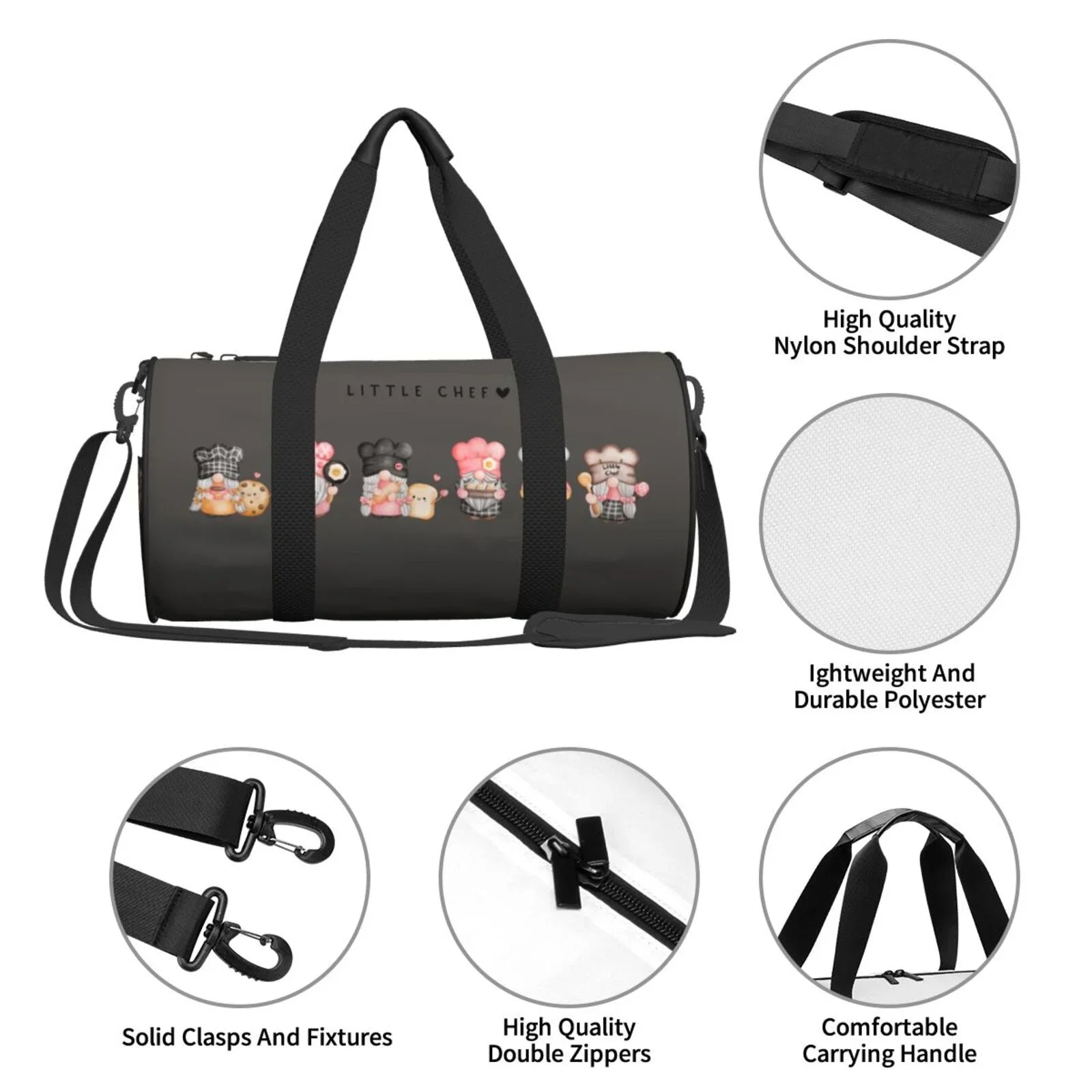 Sports Travel Bag Cylinder Baker Luggage Bag Compartment Pocket Capacity Bag Waterproof with Gnome and Coaee Large Gym