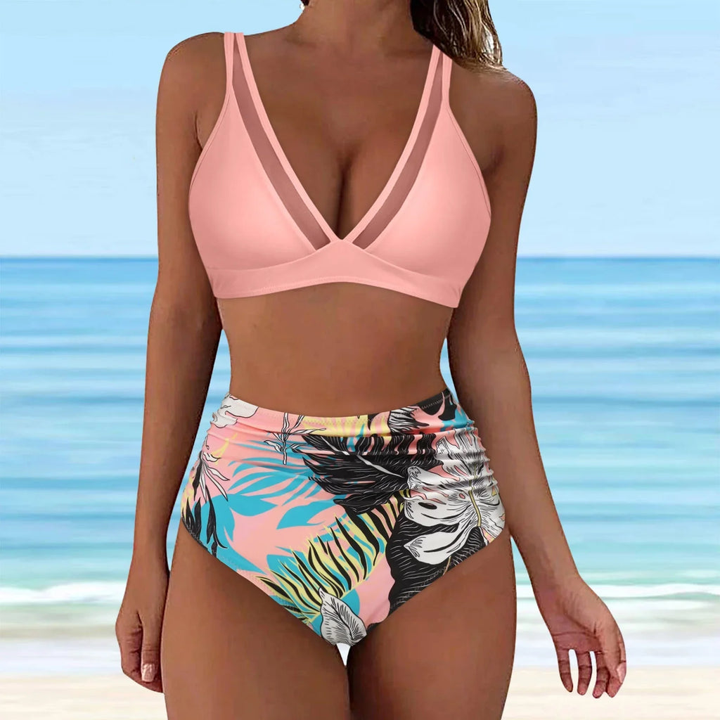 Push Vintage Two Print Swimsuit Sexy Bikini Swimsuit Set High Women Piece Ruched Swimsuits Waist Up Piece Retro Waisted Bra Underwire Bikini High Two