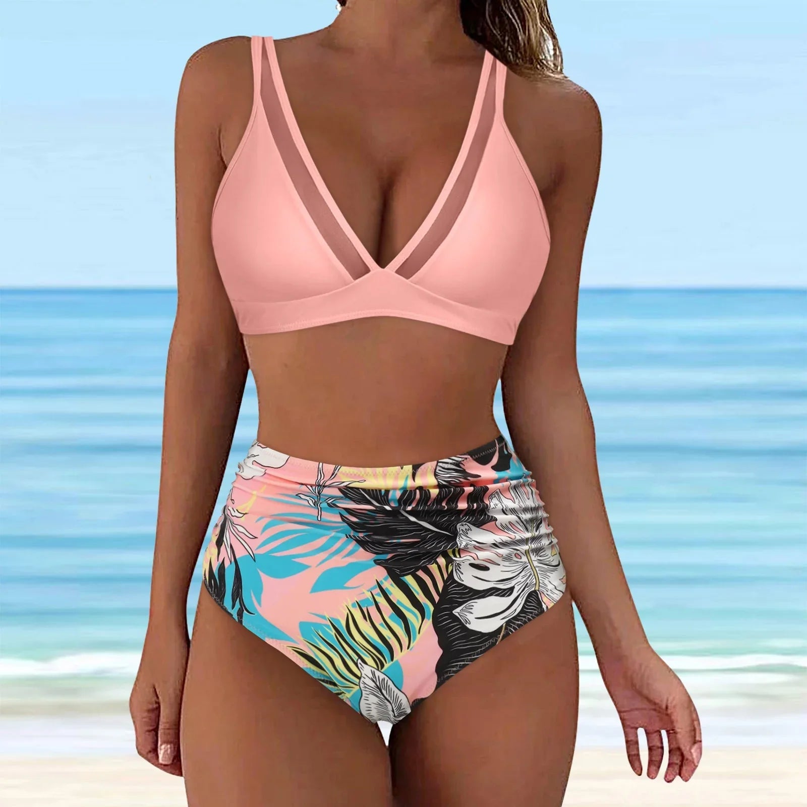 Push Vintage Two Print Swimsuit Sexy Bikini Swimsuit Set High Women Piece Ruched Swimsuits Waist Up Piece Retro Waisted Bra Underwire Bikini High Two