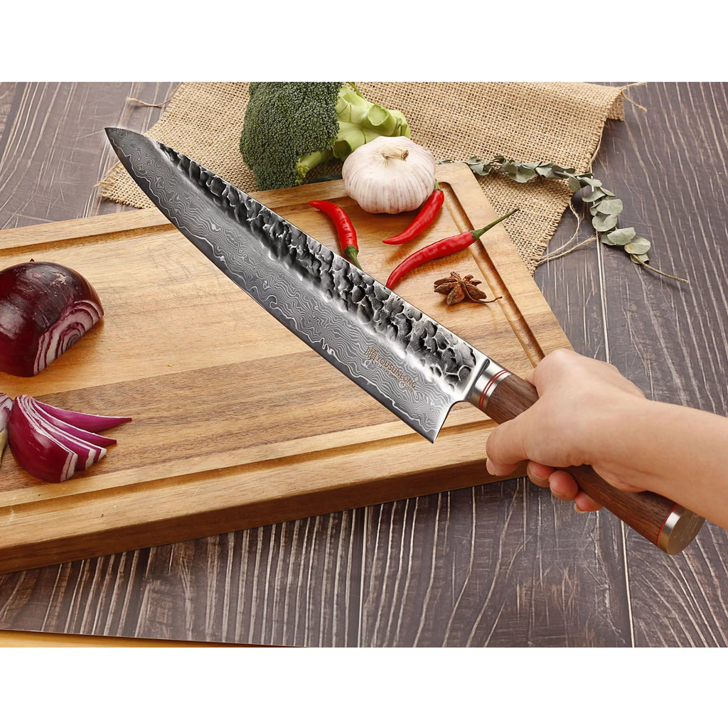 Knife Leather Natural Sheath Pro Wooden Gyuto YOUSUNLONG Damascus 12 Steel with Walnut inch Handle Chef - Japanese Hammered