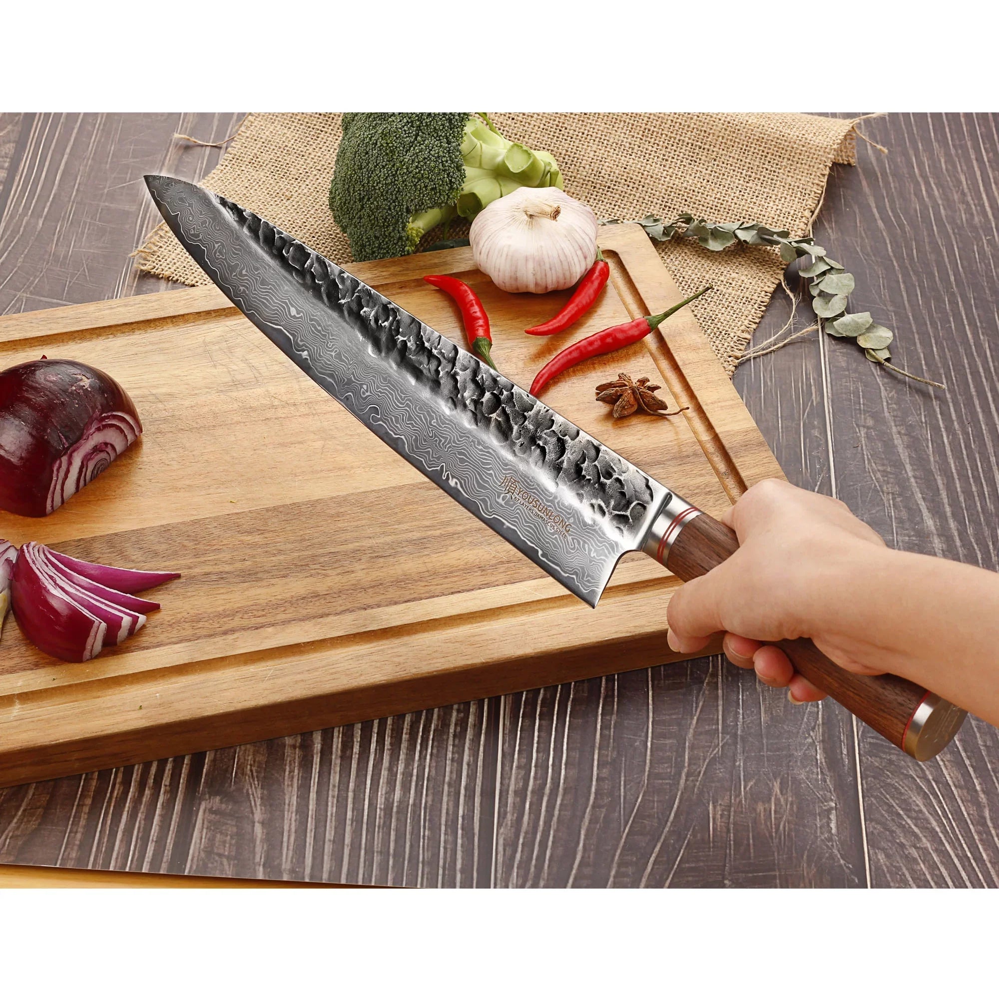 Knife Leather Natural Sheath Pro Wooden Gyuto YOUSUNLONG Damascus 12 Steel with Walnut inch Handle Chef - Japanese Hammered