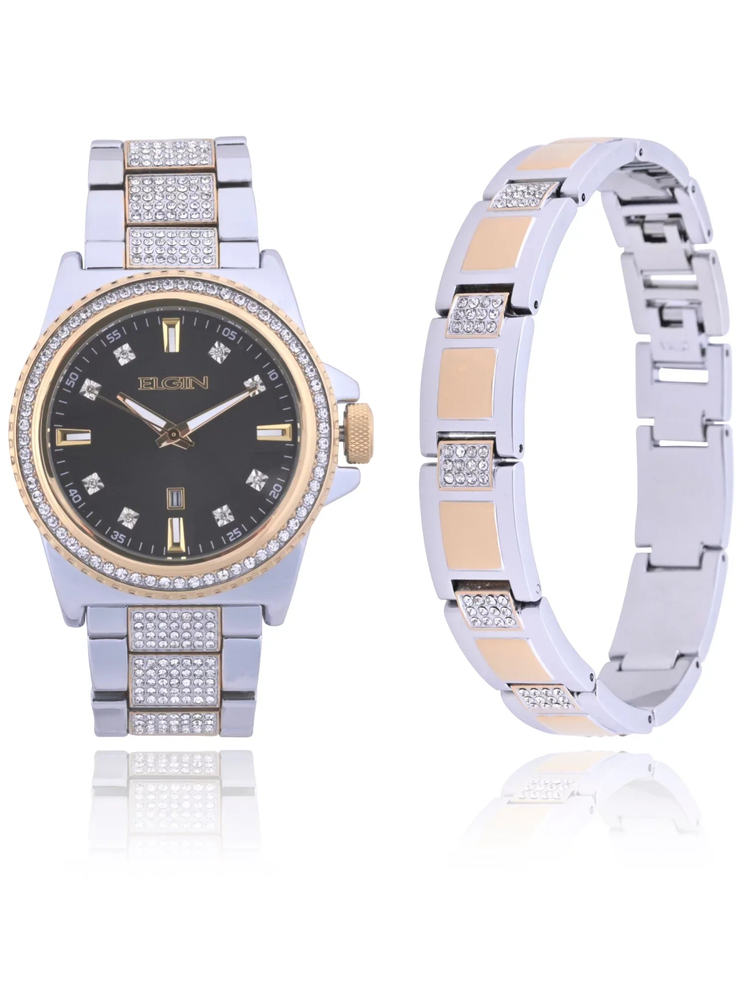 and Gold Bracelet (FG180015ST) Adult Watch Alloy Stones and Silver Elgin Male with Set in Case and
