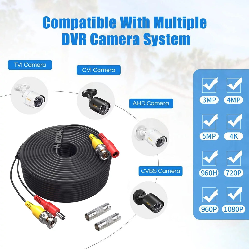 100 BNC Video K-MAINS CCTV and Universal PVC Black Security Pack Camera 2-in-1 Power Cable 4 Wire feet Cord Pre-Made of Siamese