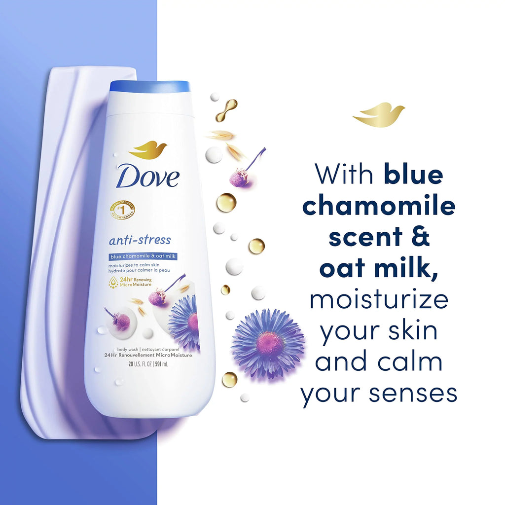 Moisturizing Dove Skin Body Gentle Healthy-Looking Count Renewed, 24Hr Cleanser Milk Chamomile 4 Wash Blue Micromoisture 20 For Anti-Stress Oz Oat With Skin & Renewing