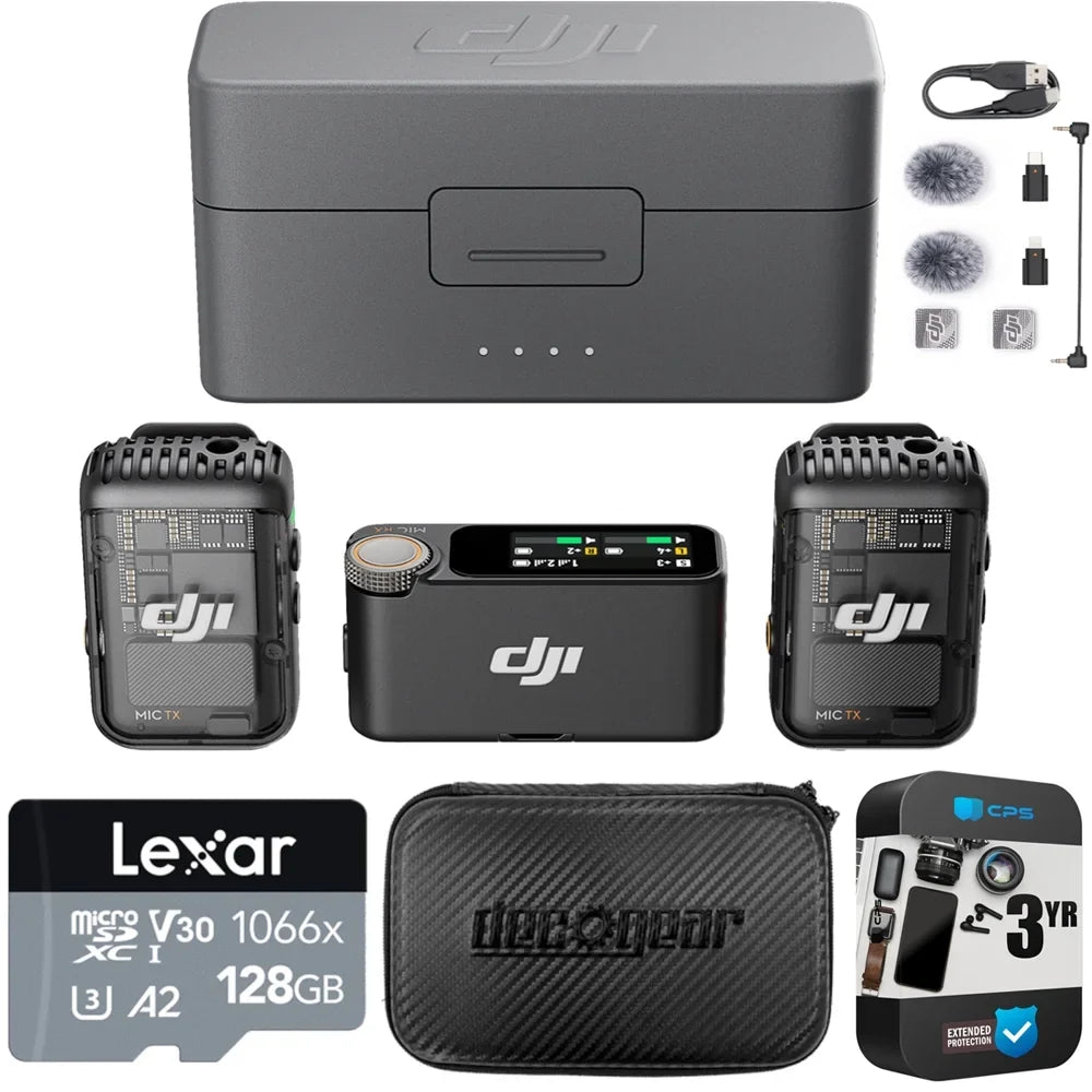 Card, Wireless 7" Year + Hard Gear Lexar 3 All-in-one Bundle RX (2 2 128GB Mic 1 microSDXC Extended DJI Memory Deco Case CP.RN.00000325.01 TX Warranty + Microphone Case) and Charging with