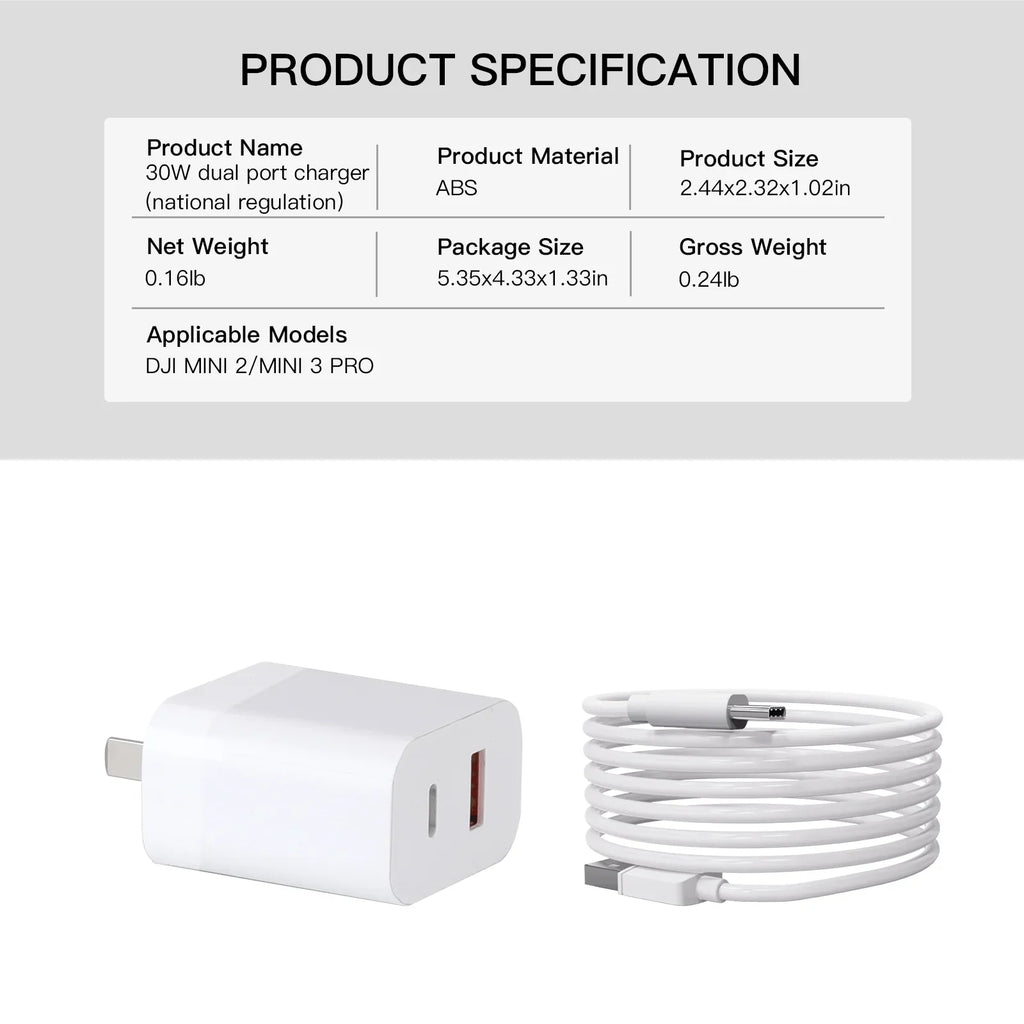 Cable for Type-C USB with Parts DJI 2/Mini Charging 3 30W Dual-Port Charger Pro Mini Charging