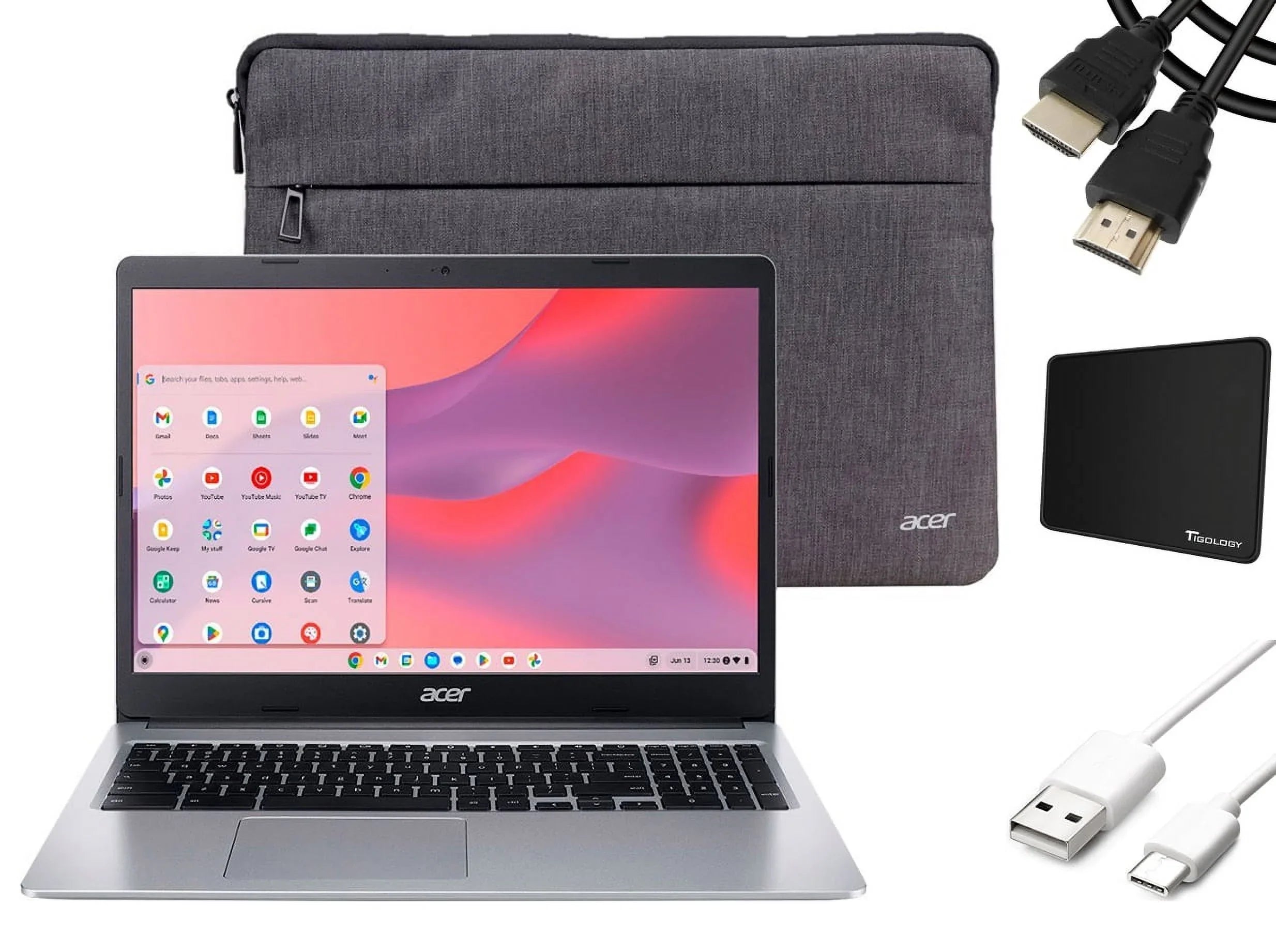 Accessories 64GB Battery Intel  Tigology 15.6" LPDDR4, Chromebook Bluetooth, Celeron Laptop, Long HD OS, Life, Sleeve Silver Chrome Wi-Fi 315 N4020, 5, eMMC, with Display, + 4GB