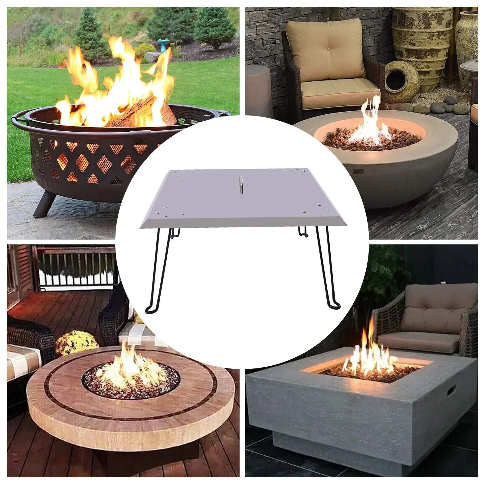 Stainless Pit Legs with Miumaeov Down Burner Fire Heat 24*24in and Heat Fire to Push Steel Foldable Cover Out Pit Deflector Square