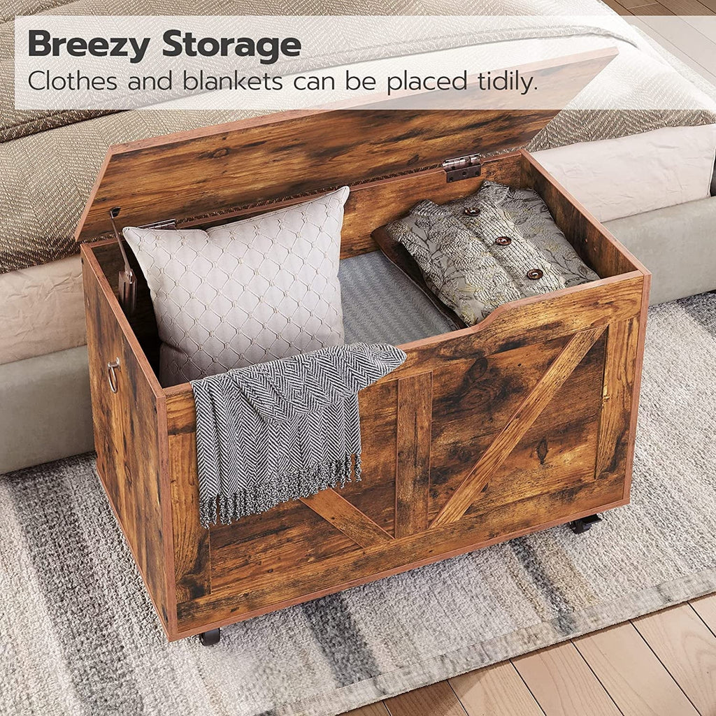 WAGEE Sturdy Bench, Brown Wheels, Bench, Entryway Rustic Storage Opening, U-Shaped Chest, Hinge, Safety Assembly, Easy lb, FG74CW01 Trunk Movable, Shoe Storage 220 Supports Wooden on Bench Storage