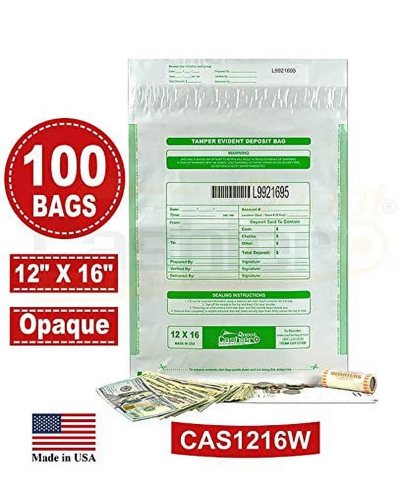 Tamper Bags, x (100 Press Numbering, Tape 12" & White, Deposit 16" Cashier Seal Bags) Depot Closure Serialized Void Evident Barcode,