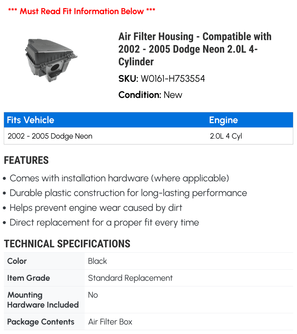 2002 4-Cylinder Dodge with Compatible Housing - Air Neon - 2.0L 2005 Filter 2004 2003