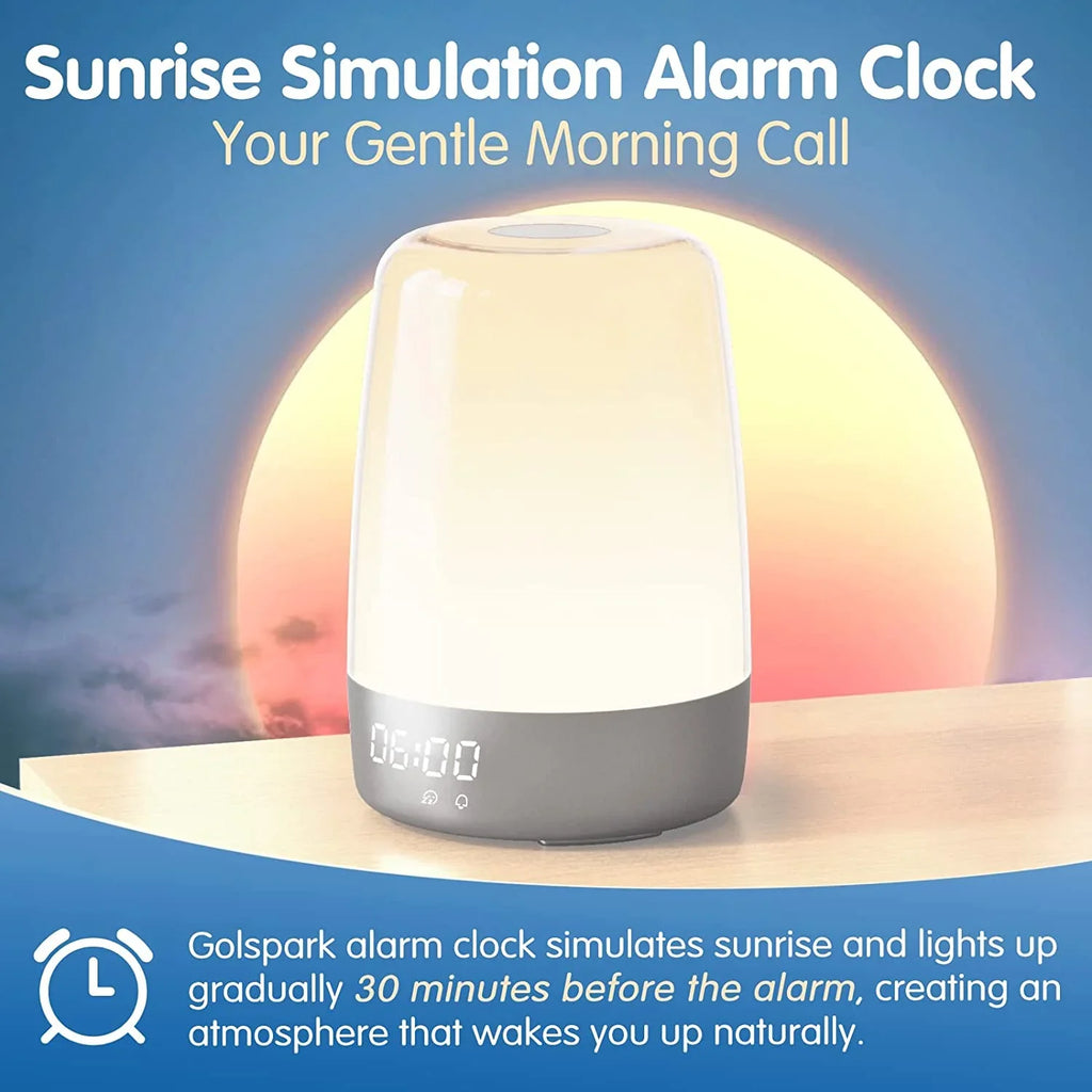 Sleepers Night Sleep Aid, Sunrise RGB Clock Bedside Wake for Kid Bedroom Lights, Sun Dimmable Light Alarm Sound Light Timer Snooze Alarms, Simulation Up Nursery Natural 7 Heavy Lamp Adults, 7