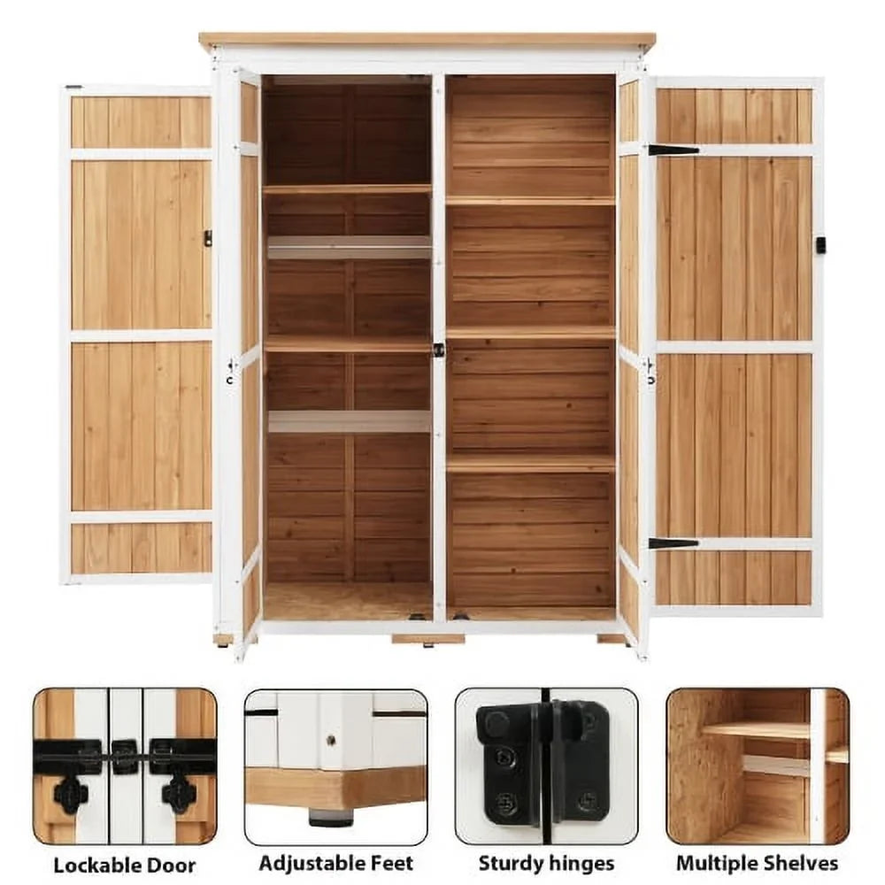 Garden Asphalt Roof, Storage Shelves, Multiple-tier L Waterproof Outdoor Natural 5.5ft Shed, Wood Cabinet Lockable Four with Tool Doors, Hx4.1ft