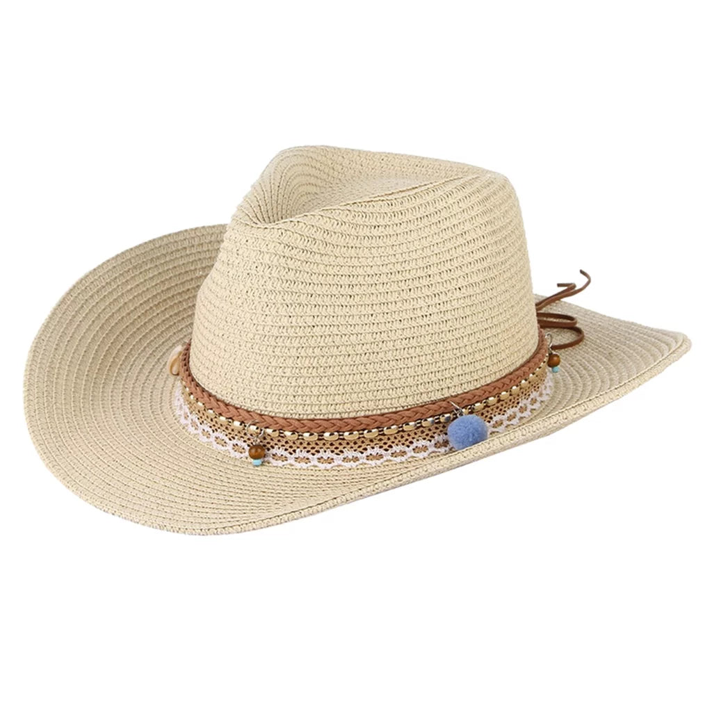 Cowboy Straw Packable Trilby Big Sun Brim Style Floppy Western Hat Women Beige