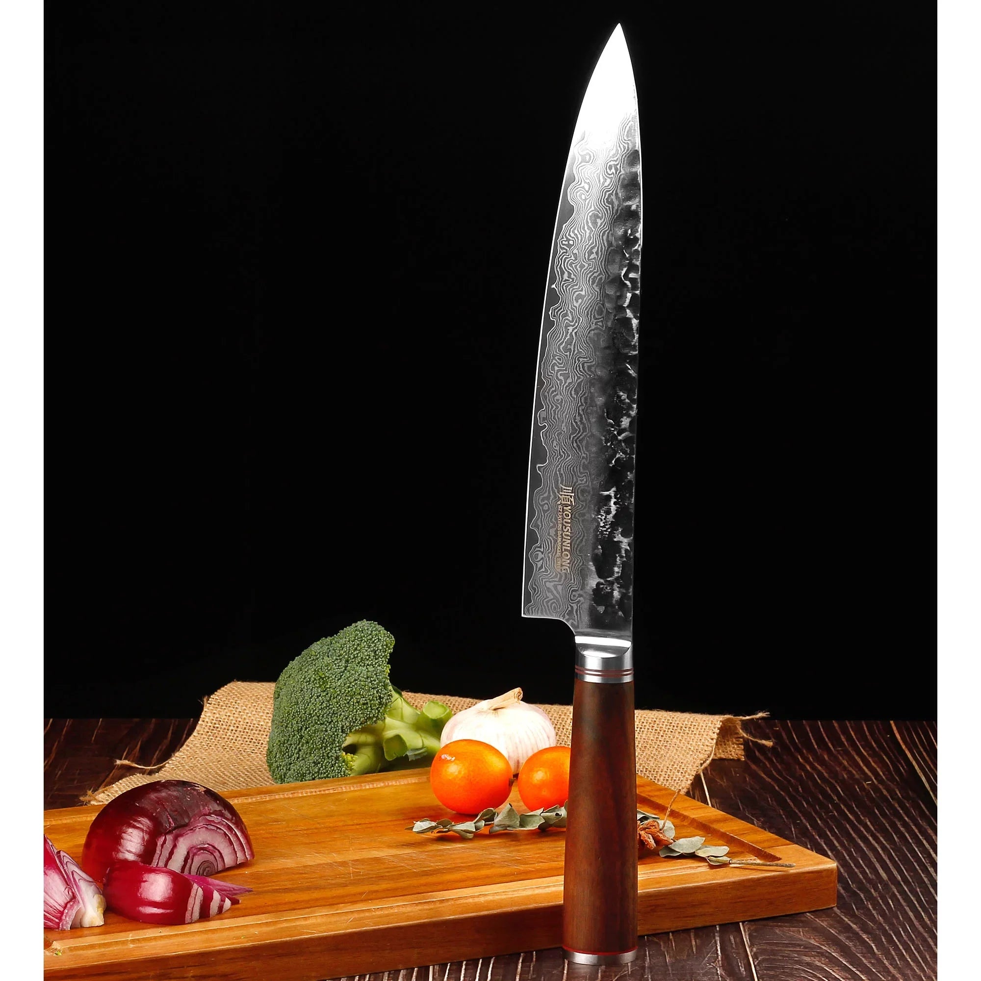 Knife Leather Natural Sheath Pro Wooden Gyuto YOUSUNLONG Damascus 12 Steel with Walnut inch Handle Chef - Japanese Hammered