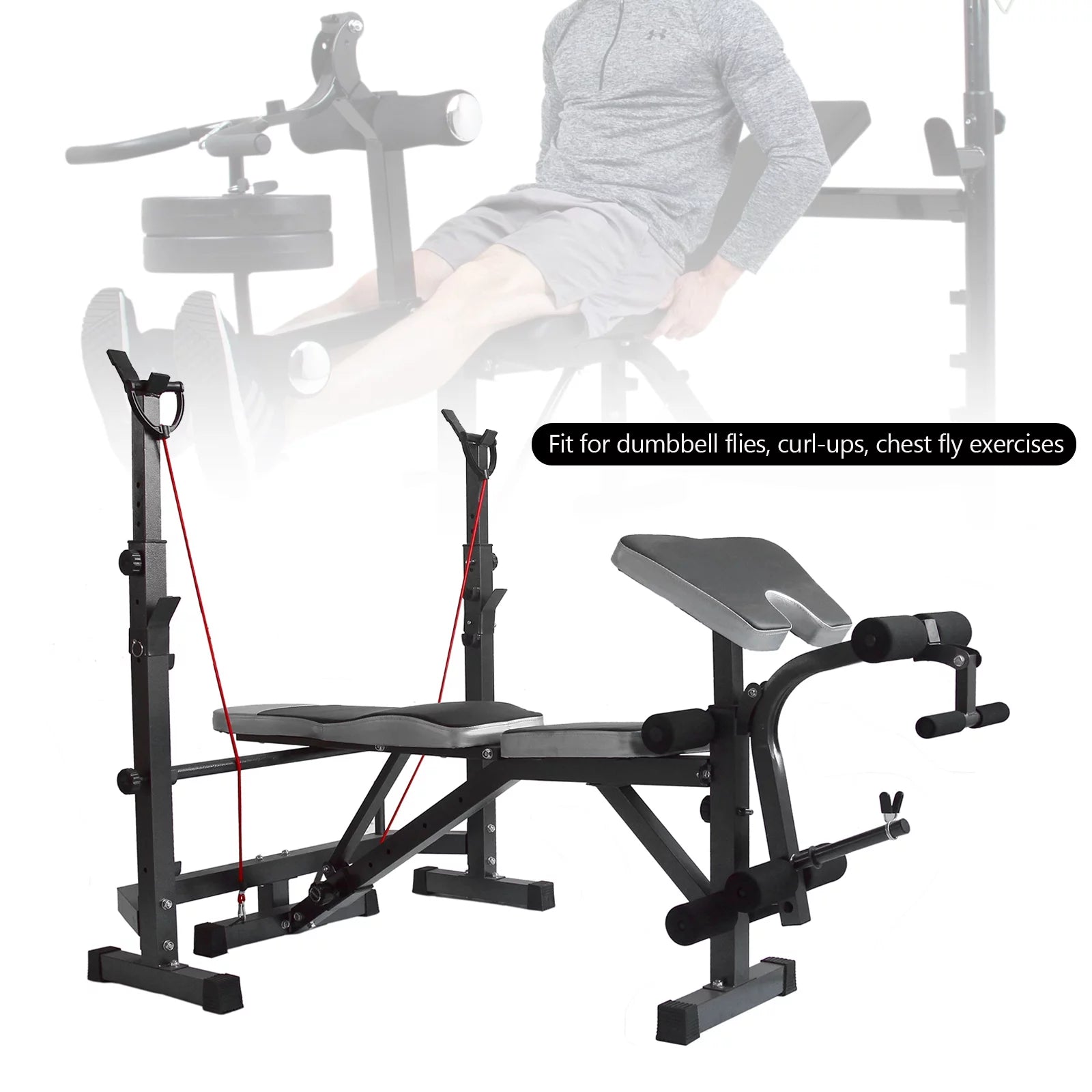 Weight Press Bench Adjustable Folding Bench Rack Full Body W/Barbell Workout