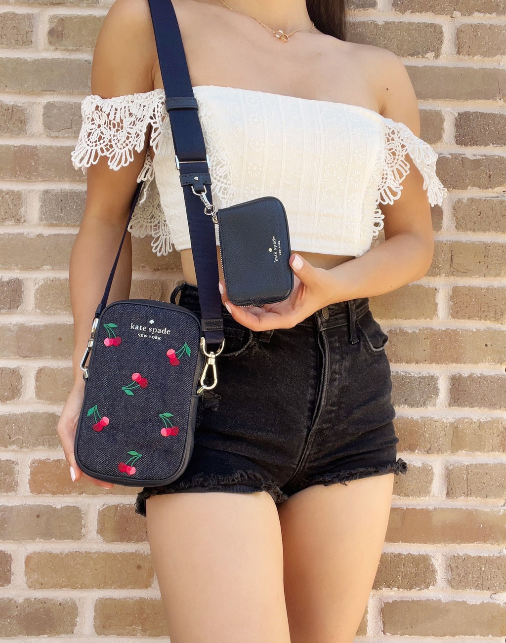 Crossbody Pouch Zip NS Denim + Phone Coin Spade Kate Embroidered Cherries Rosie