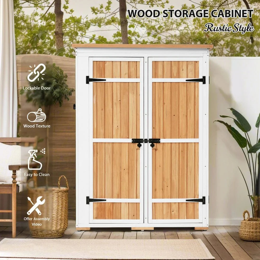 Garden Asphalt Roof, Storage Shelves, Multiple-tier L Waterproof Outdoor Natural 5.5ft Shed, Wood Cabinet Lockable Four with Tool Doors, Hx4.1ft