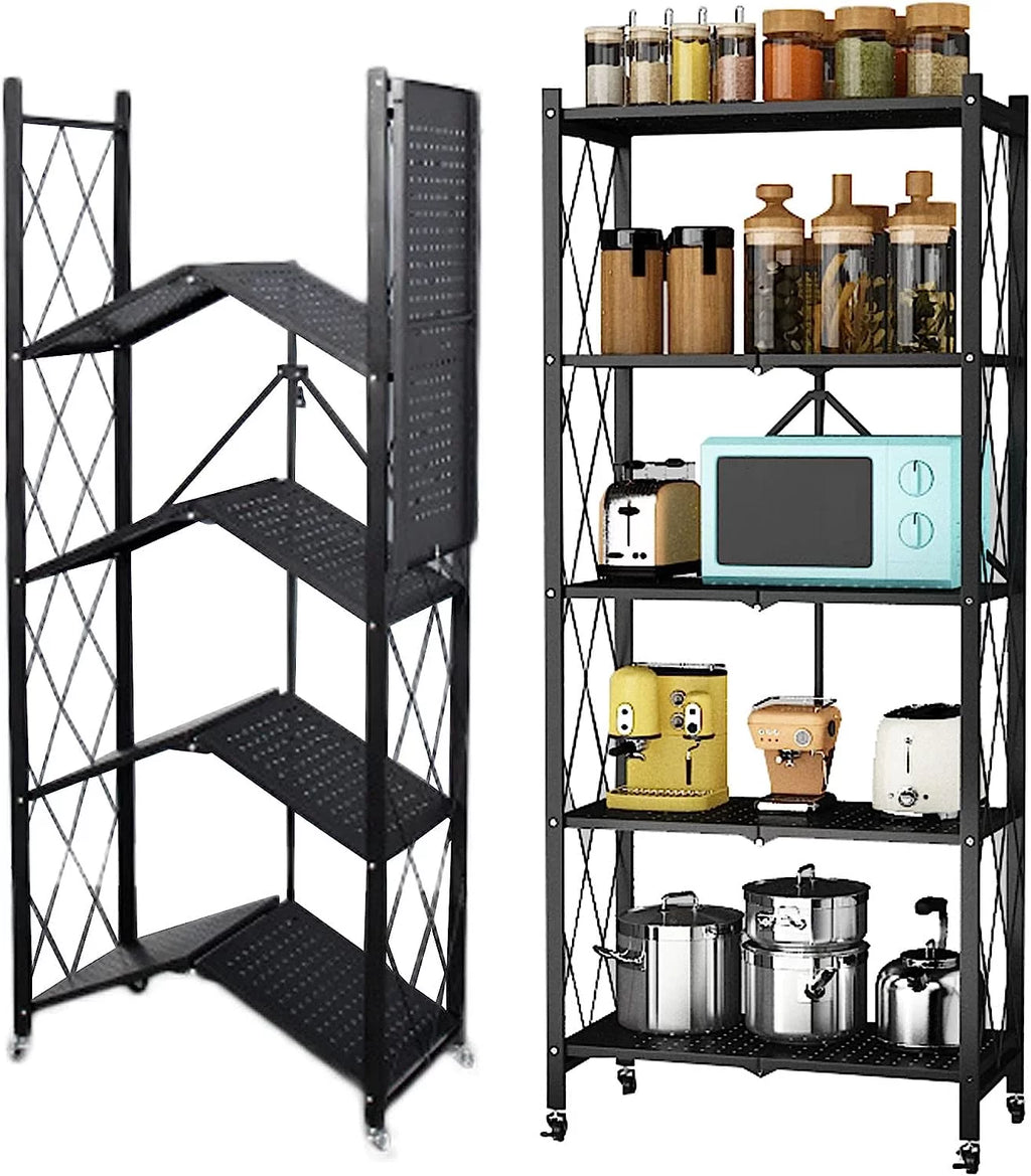 Metal Shelves, 65" Garage 14" shelf Shelving D Collapsible Metal Heavy 28" 5-Shelf Foldable on W Bakers Wire, x x H Closet, Duty (5- Units Storage Organizer Rack, Wheels storage) for Kitchen