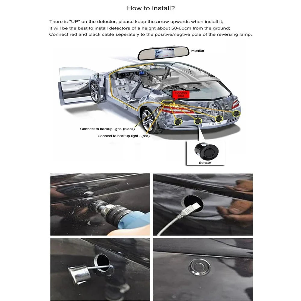 Sensors Backup Car Cable) Radar beeps, Diameter Detection Sensor 4 Packs Parking Distance:30~150CM, System, Buzzer X60D 2.3M Waterproof (Black) (22mm Reverse