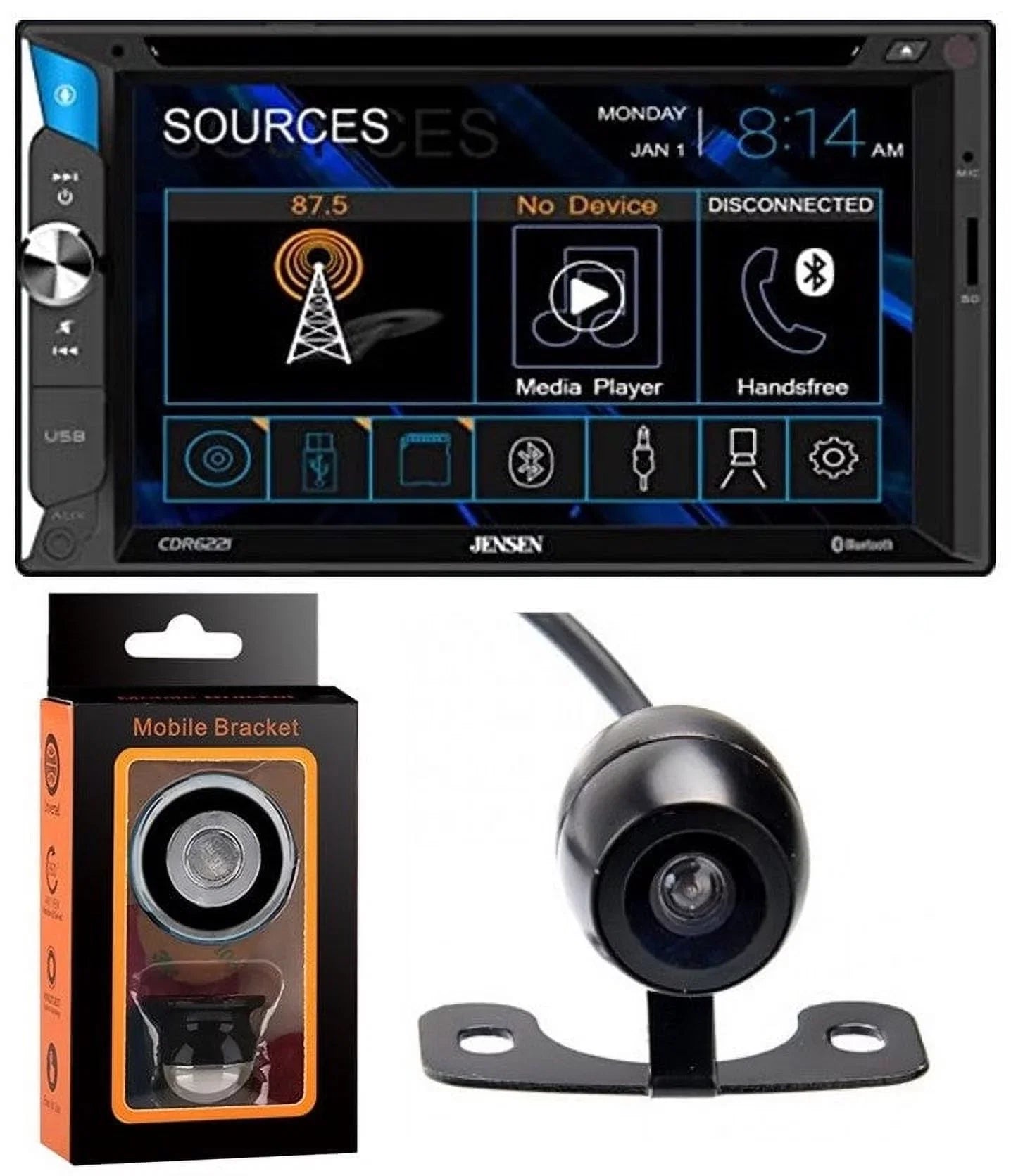 Plate LCD Front Car Magnet + Camera CAM570 + Bluetooth, Multimedia Touchscreen Receiver 6.2" Phone CDR6221 with Rare Input Holder License Absolute USB Jensen