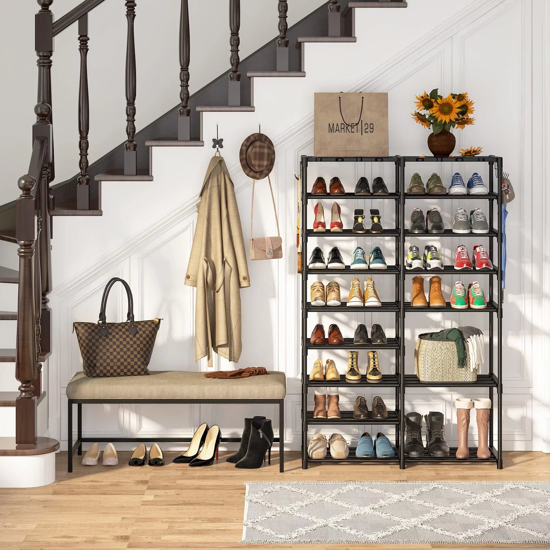Shoe Storage Removable Tower Black Stackable Closet Large for Tiers 32-40 Shoe Pairs Storage, Boot Shoe Dustproof Shoe for Stand Rack 2 Boot Hooks with Organizer 9 Shelf Organizer Fiuion Shoe