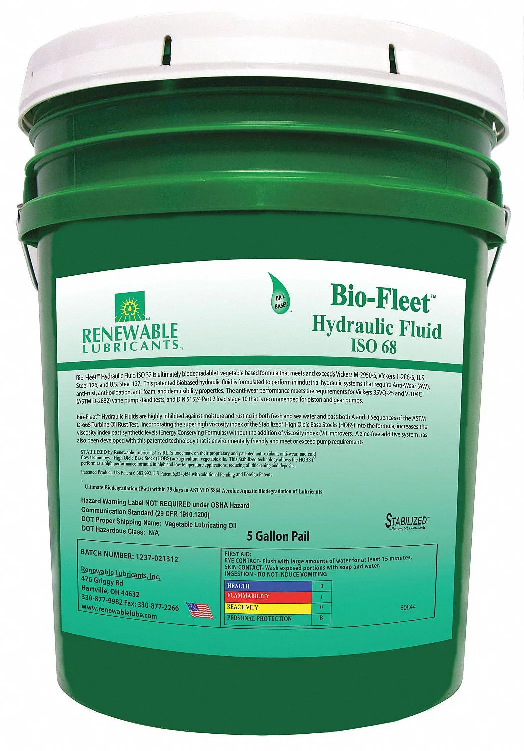 Oil,5 Gal,ISO Hydraulic 80844 Lubricants 68 Renewable Biodegradable