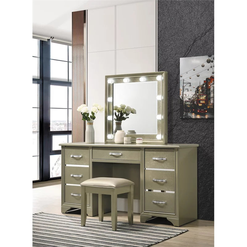7-drawer Vanity Desk Champagne Mirror Beaumont with Lighting