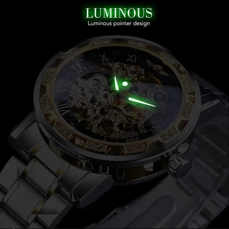 Men Luxury Gear Silver Gift Movement White 1pc Wrist Skeleton Diamond Mechanical Business Exquisite Gold Watch