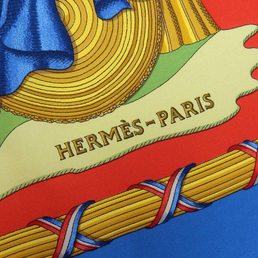 New) Pattern Red Silk Scarf Revolution 90 Commemorating Carre Blue Hermes (Like the Pre-Owned French