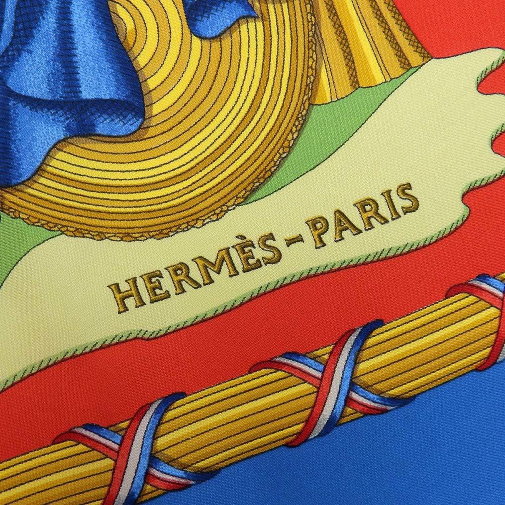 New) Pattern Red Silk Scarf Revolution 90 Commemorating Carre Blue Hermes (Like the Pre-Owned French
