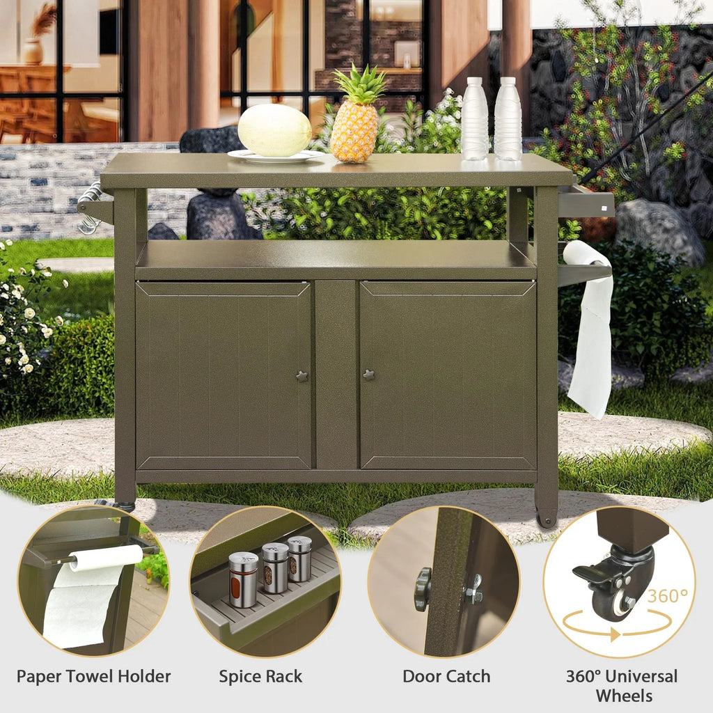 Party, BBQ Storage with Metal Kitchen CoSoTower Cooking Dining Outdoor Prep Grill Bar Kitchen Table Wheels, Patio, Carts (Brown) for Cabinet Table Grill Table Outdoor Home Island,