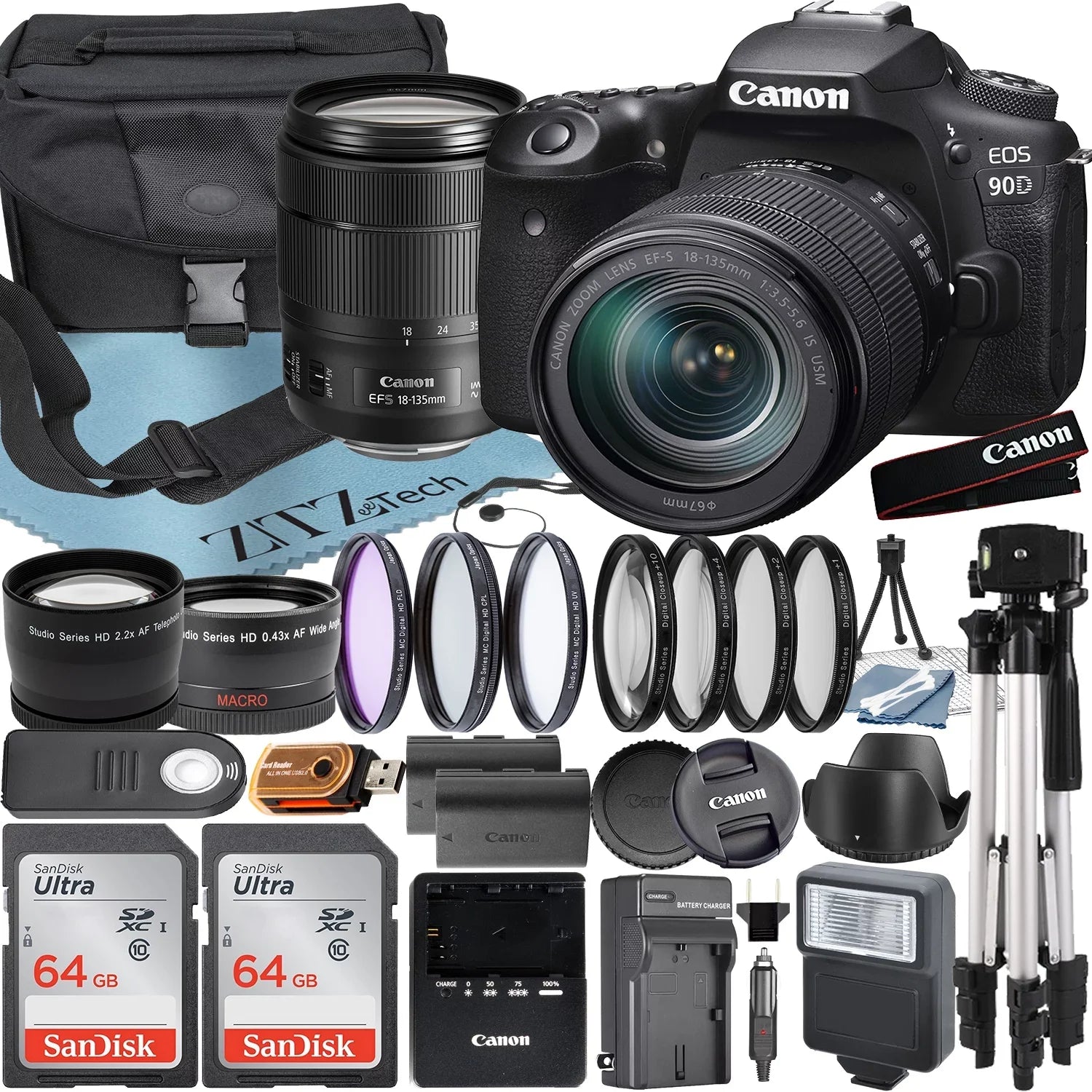 64GB SanDisk Bundle + ZeeTech DSLR Telephoto + Lens with 2 Tripod Case Accessory IS 90D EOS Canon Card + USM 18-135mm Camera + Pieces +