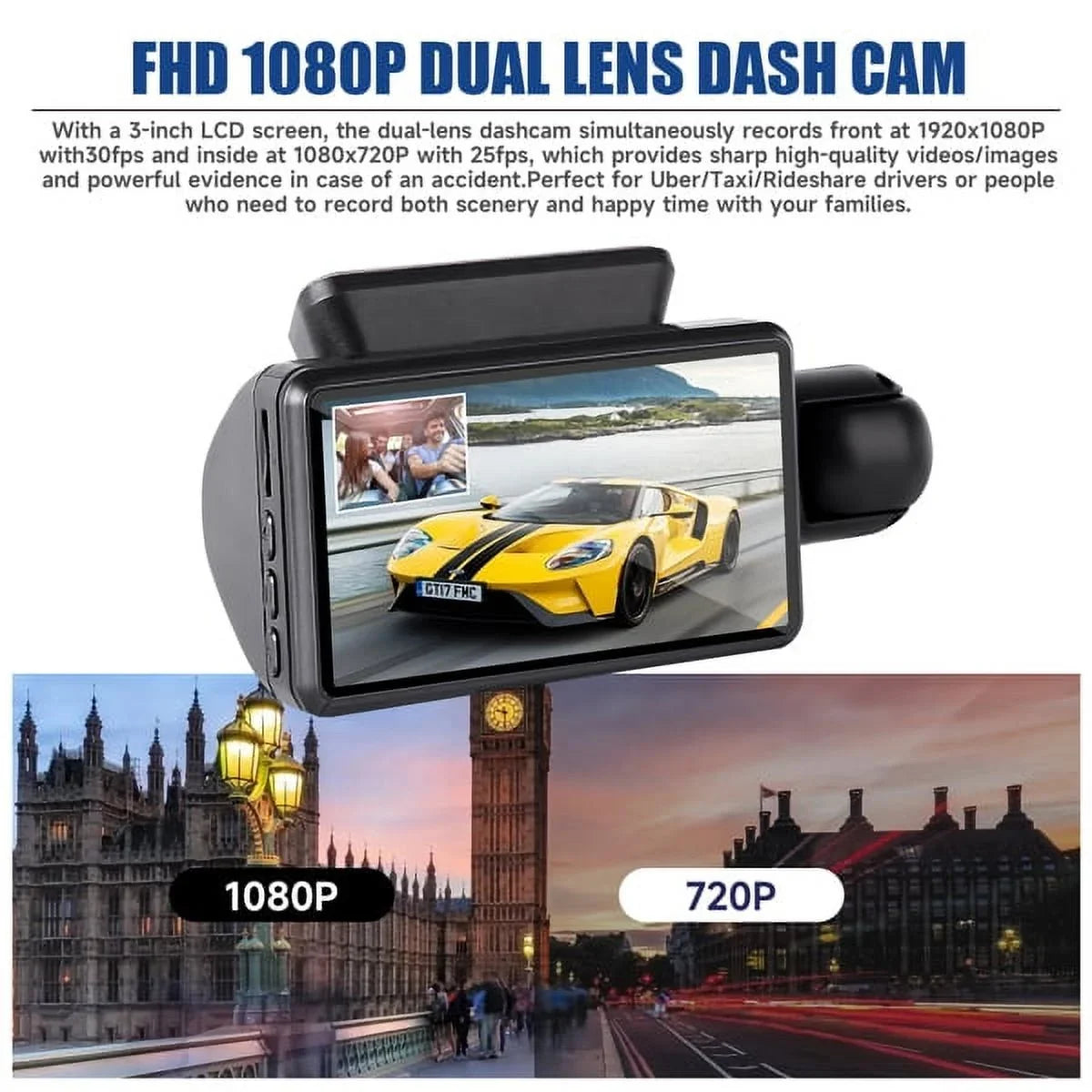 Cam Wide Loop Rear, 1080P Vision 170° and Front G-Sensor Dash Angle, Camera Night Dash SYTHERS Recording,