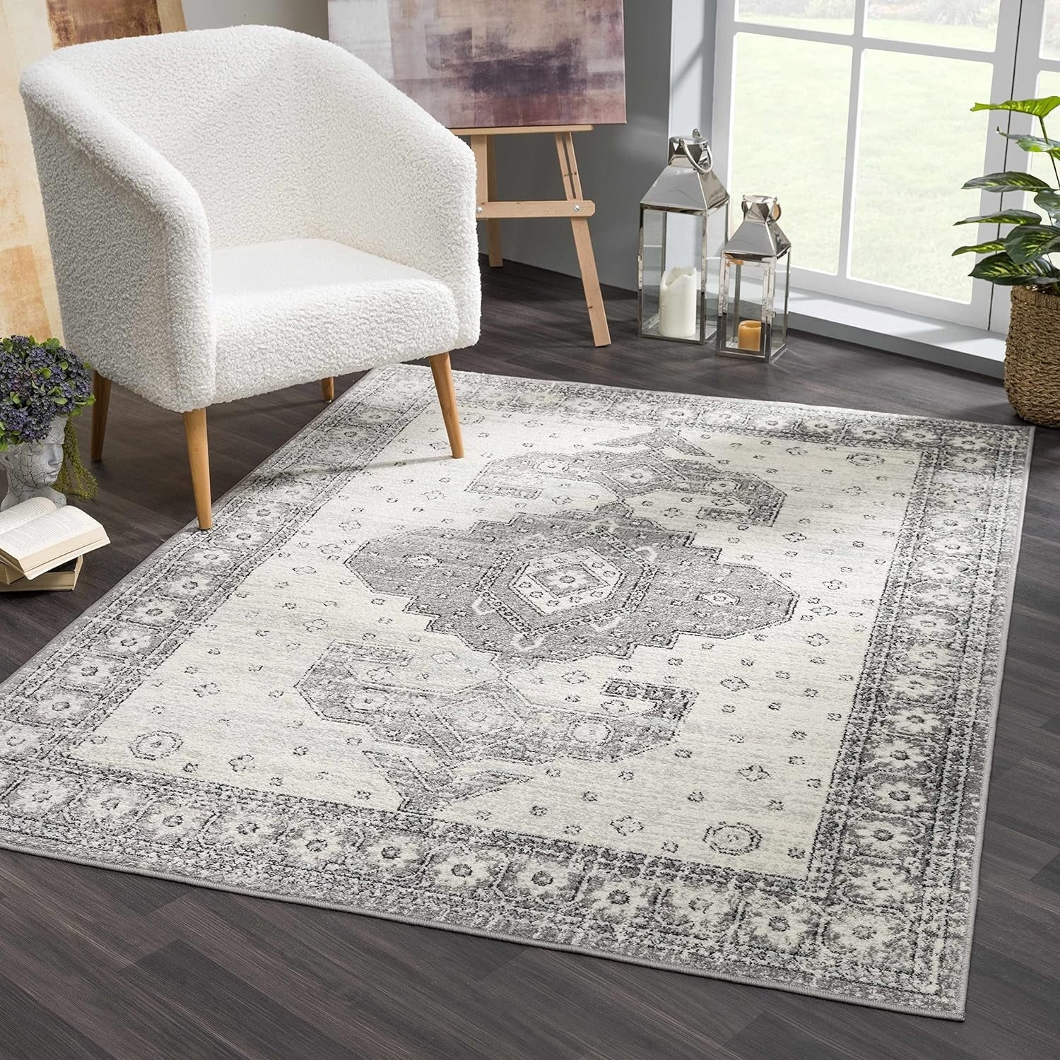 '- - Goksun 7'10" Vintage Pattern Rug Living Persian Beige Indoor 10' Room, Distressed Area Marash Medallion Grey, X - Collection Boho Traditional Oriental - Bedroom,